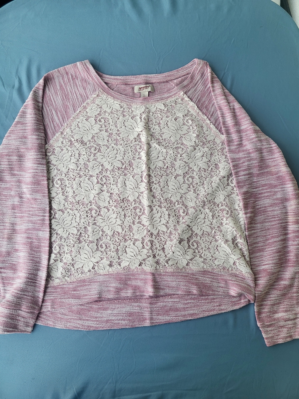 Arizona Jean Company Pink and White Lace Front Raglan Sweater